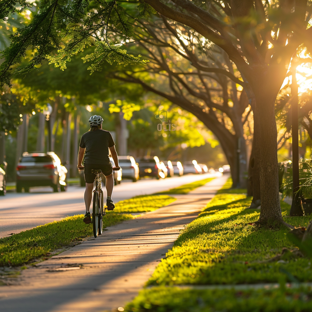An adult, wearing a helmet, riding a bicycle on a sidewalk in South Florida