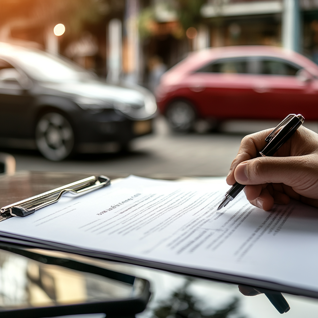 A person signing a document with cars in the background. Depiction of an auto injury settlement