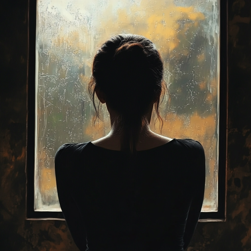 A woman looking out of a window. The window is bright, but her figure and the room are dark. Portrays the impact of emotional distress in car accident cases.