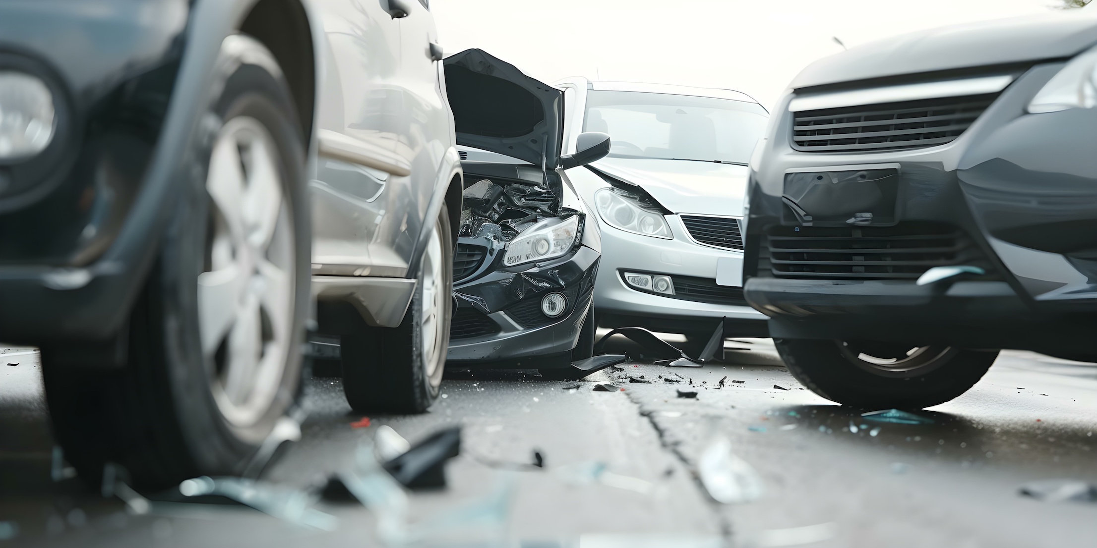 An accident on a highway involving several cars. Depicts understanding the complexities of multi-vehicle accidents.