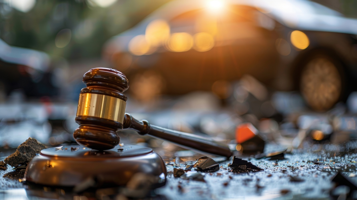 Close-up of a gavel on shattered glass with a blurred car in the background, symbolizing the legal process after a fatal accident.