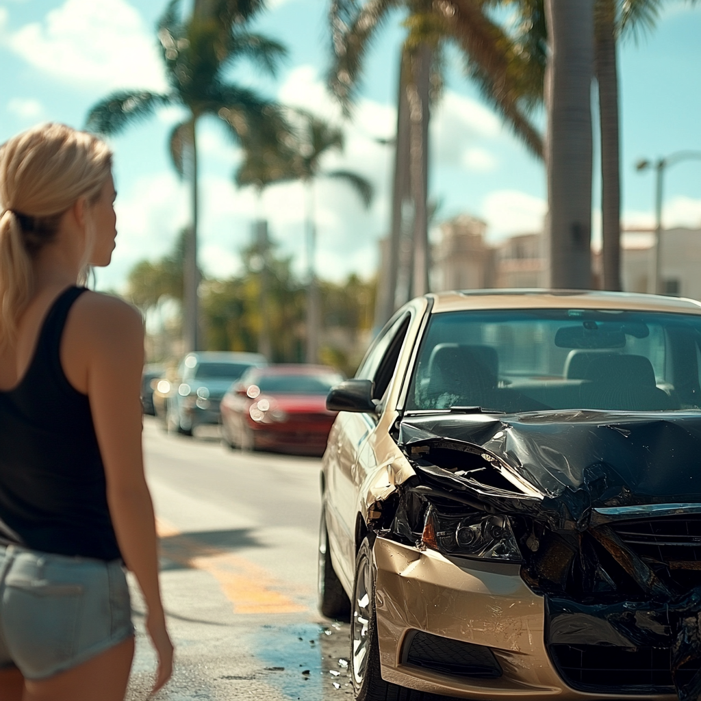 A woman standing on the road, looking at a car that has been in an accident. There is damage to the front of the car. Depicts a car accidents in Boca Raton.