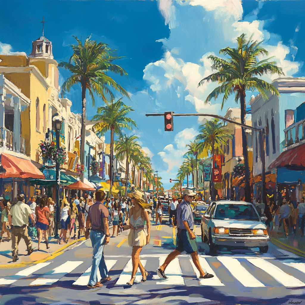 An illustration of pedestrians in Florida crossing a street as a vehicle approaches. Depicts the potential for pedestrian accidents.