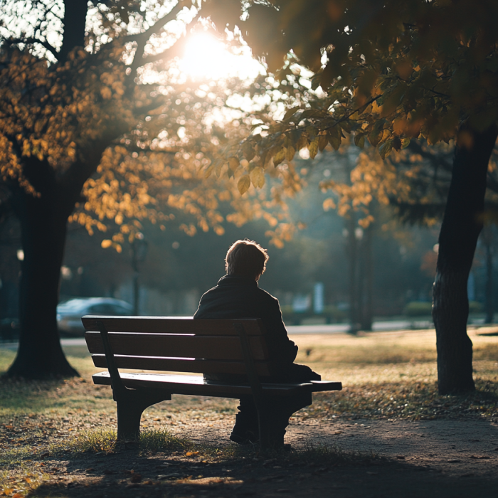 A person sitting alone on a bench in a park. Depicts solitude and the emotional aftermath of a car accident.